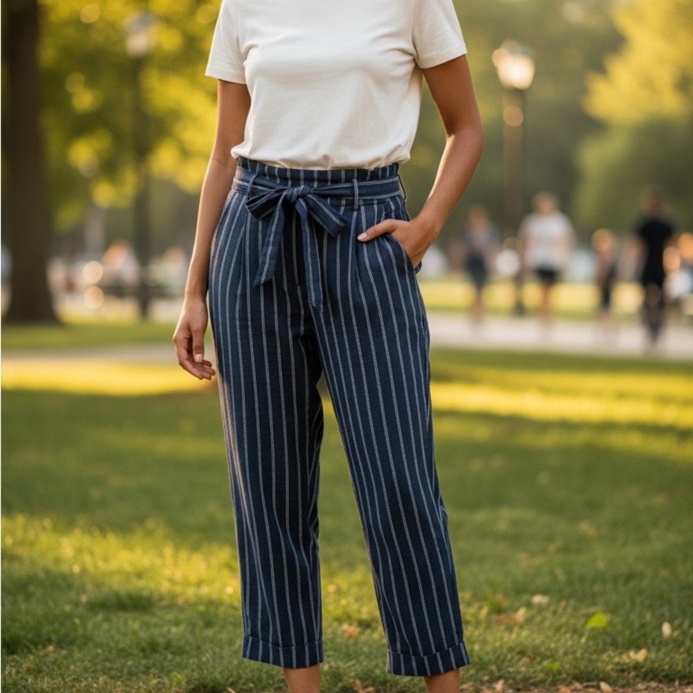 Banana Republic Navy and White Striped Trousers